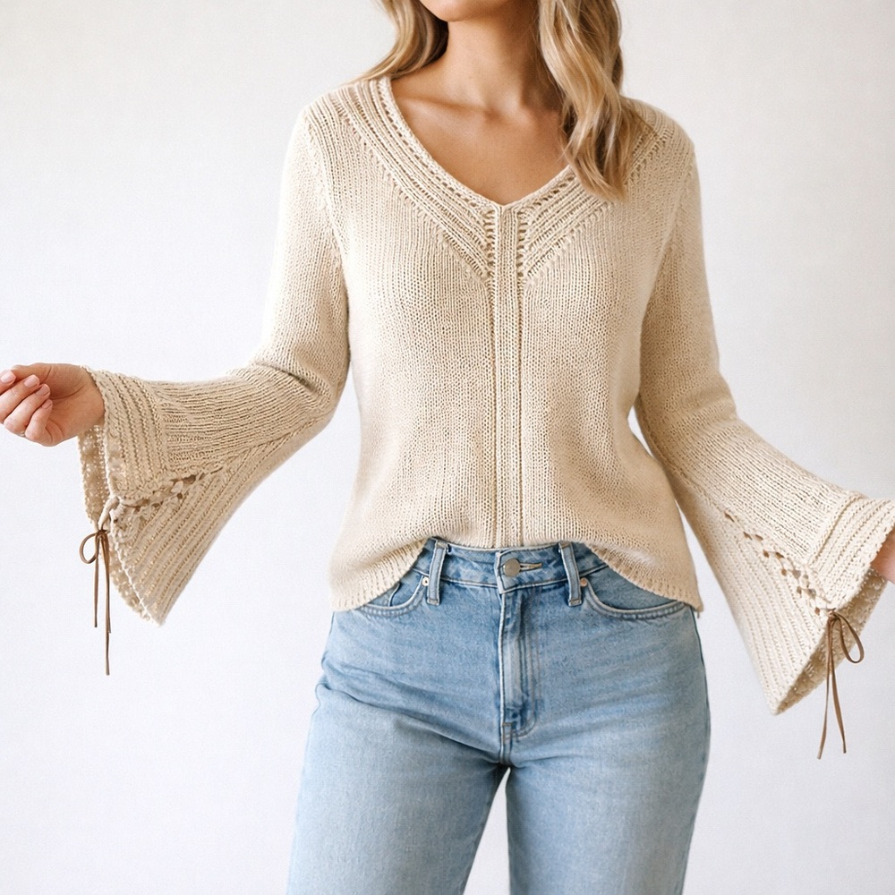 Kenzie Cream Knit Bell Sleeve
Sweater Lace-Up Cuff Boho Size
Large